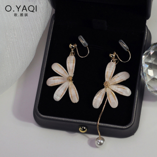 时尚无耳洞蚊香盘耳夹不对称半边雏菊珍珠耳钉吊坠个性气质女耳饰