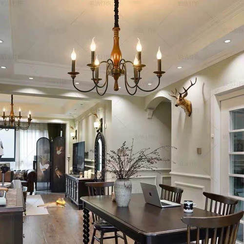 美式复古客厅吊灯卧室餐厅法式乡村实木中古蜡烛书房大灯侘寂风灯