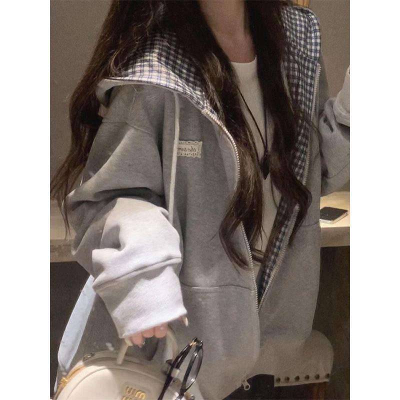 春秋宽松连帽格子拼接开衫卫衣女