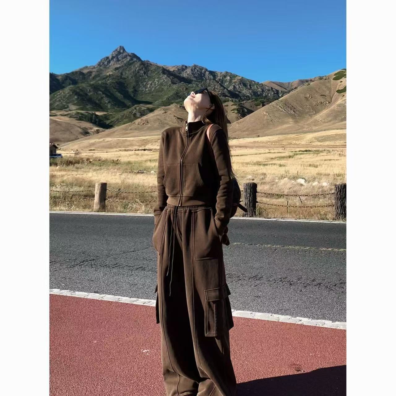 美式复古秋季卫衣工装阔腿两件套