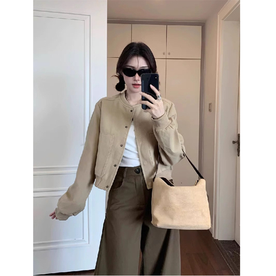双面呢短款毛呢外套女正肩卡其色棒球服秋冬2025新款小个子夹克潮