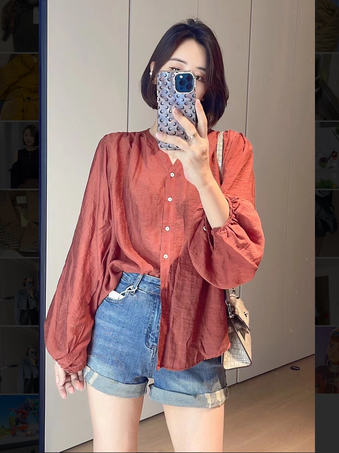 薄款砖红色长袖衬衣女2026夏款微透V领纯色百搭防晒上衣