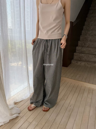 arkie Amy韩代 26春夏 东大门 抽绳阔腿 格子直筒 休闲长裤 洋气