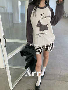 Arr Amy韩代 26早春 东大门 插肩袖 圆领小狗图案长袖t恤百搭休闲