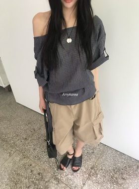 pado Amy韩代 26春夏 东大门 格子翻边 飘带短袖衬衫 纯色洋气