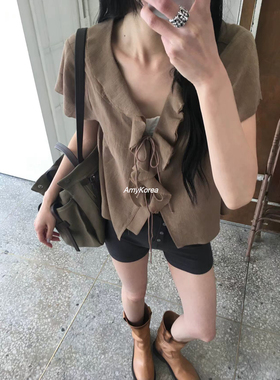 tempting Amy韩代 26早春 东大门 荷叶边 系带长袖衬衫 纯色百搭