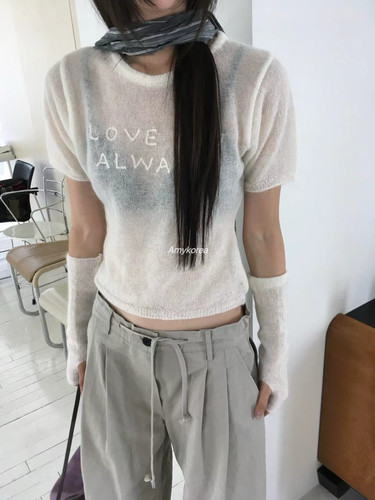 tempting Amy韩代 26fw 东大门 短袖针织衫+袖套 两件套 时尚潮流
