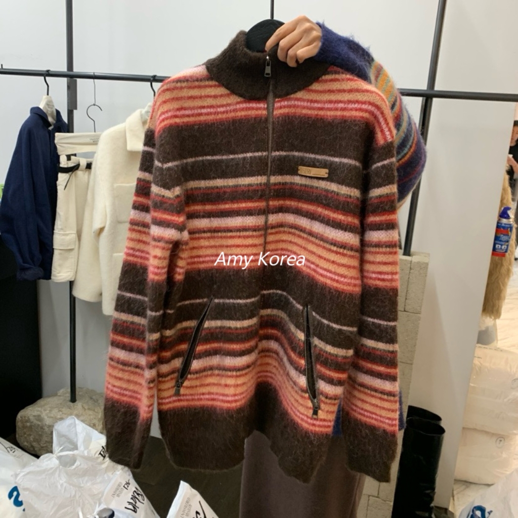 UNANSWERED Amy韩代 25fw 东大门 时尚 条纹拉链 针织毛衣外套