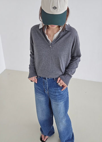 J shop Amy韩代 26早秋 东大门 拼色polo领 长袖针织衫 假两件