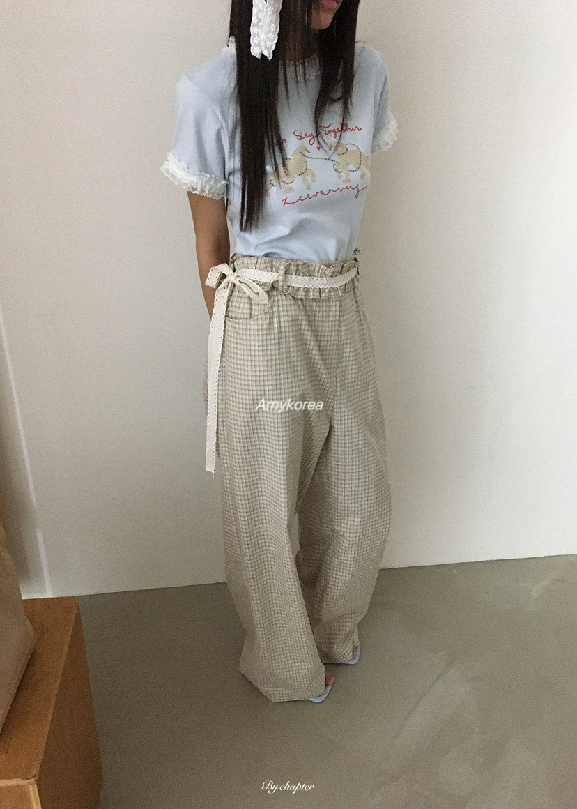 by chapter Amy韩代 26春夏 东大门 花边腰带 格子直筒休闲裤洋气