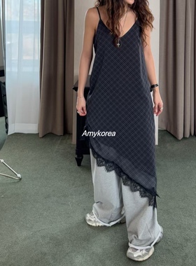 flaunt Amy韩代 25ss 东大门 时尚吊带 斜边格纹蕾丝边连衣裙