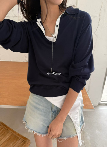 better Amy韩代 26早春 东大门 拼色polo领 纯色针织衫简约时尚