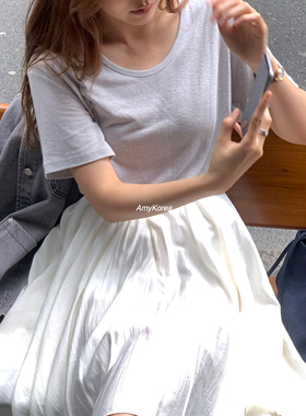 OVERTAKE Amy韩代 26早春 东大门 亚麻混 U领短袖t恤 纯色百搭