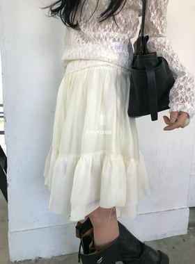 aube Amy韩代 26早春 东大门 轻盈雪纺 半身短裙 毛边皱褶荷叶裙