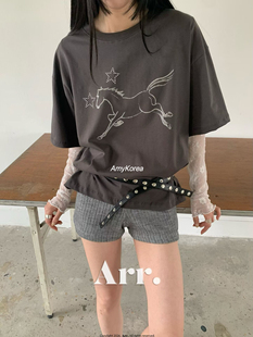 Arr Amy韩代 26早春 东大门 飞马图案 圆领短袖t恤 洋气百搭休闲