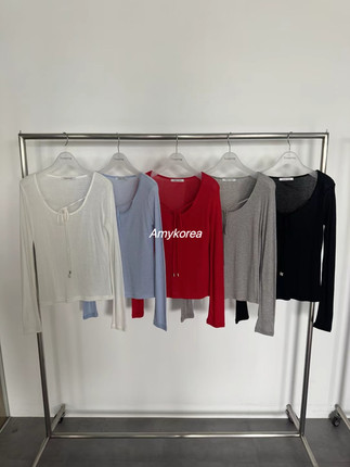tempting Amy韩代 25fw 东大门 纯色系带 圆领长袖T恤 修身打底衫