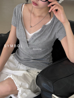 symbol Amy韩代 26春夏 东大门 半开扣 短袖t恤 洋气百搭 纯色
