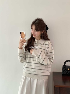 Egg Amy韩代 25fw 东大门 条纹翻领套头 长袖针织衫 百搭休闲