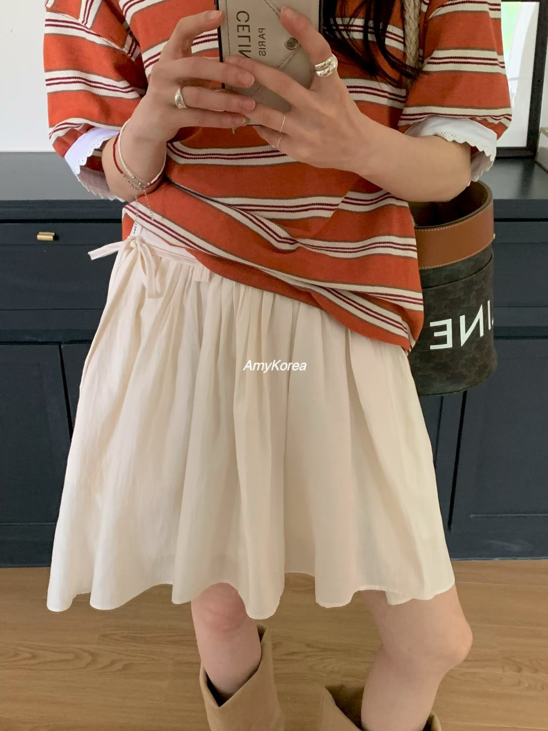 one mone Amy韩代 26早春 东大门 气质系带百褶 半身短裙 松紧腰