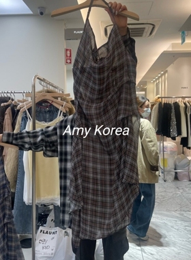 FLAUNT韩国东大门代购24冬季新款叠穿挂脖格子连衣裙短裙洋气百搭