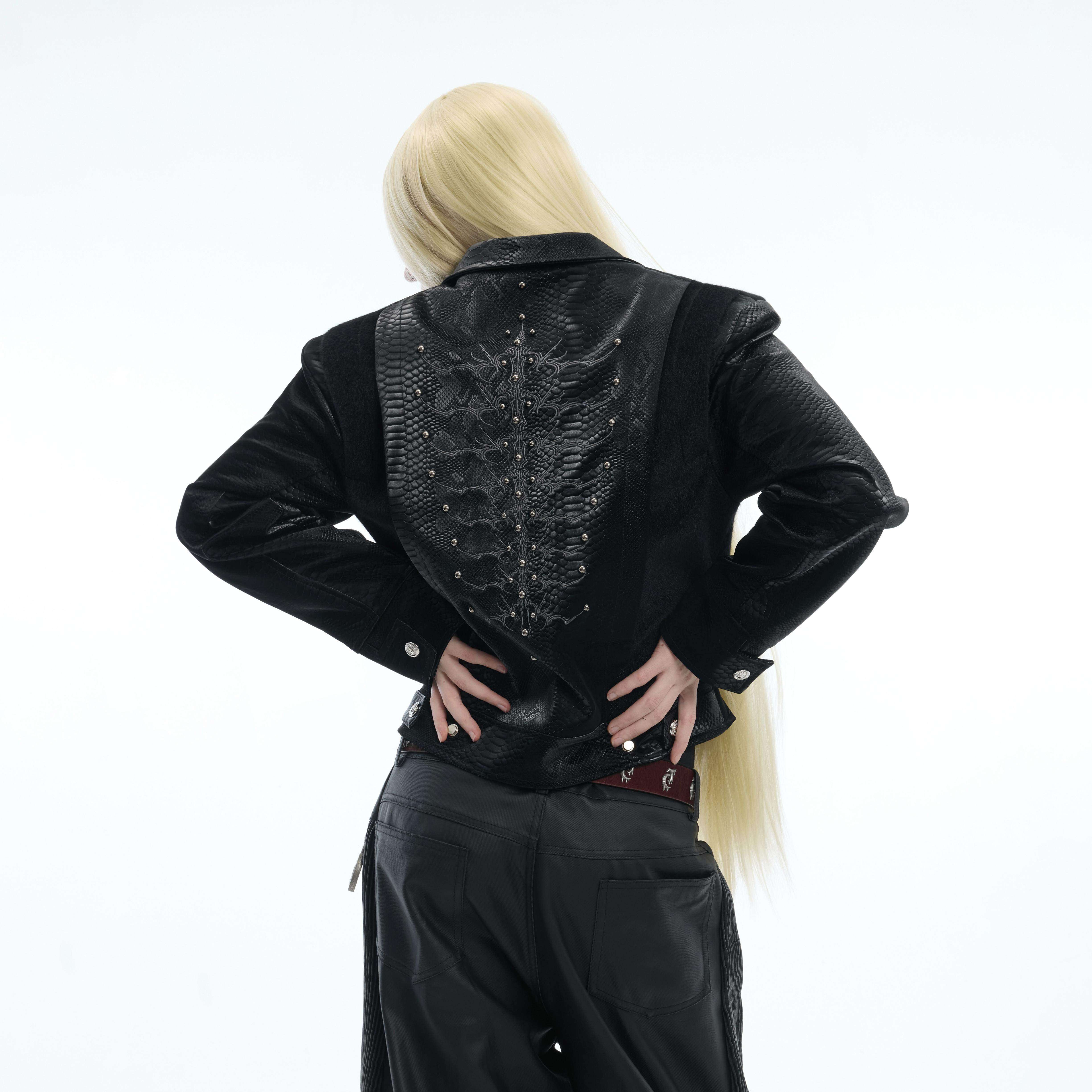 ArguE CulturE蛇脊骨铆钉刺绣皮衣外套女春季PU皮酷飒风黑色上衣