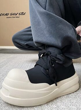 【黑色工装大头鞋男靴6cm增高】厚底松糕鞋板鞋ins潮流皮鞋马丁靴