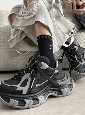 2025新款厚底增高男鞋ins老爹鞋运动潮鞋子百搭夏季透气网面黑色