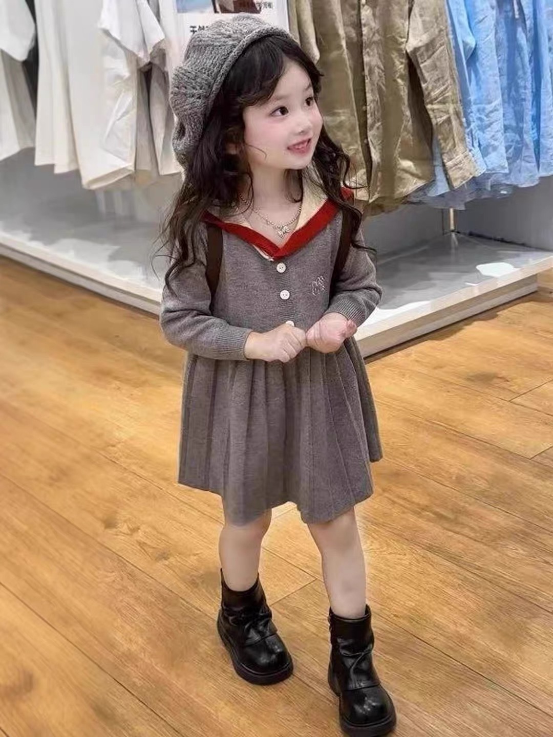 女童学院风毛衣裙2025秋季新款儿童海军领针织连衣裙宝宝百褶裙子