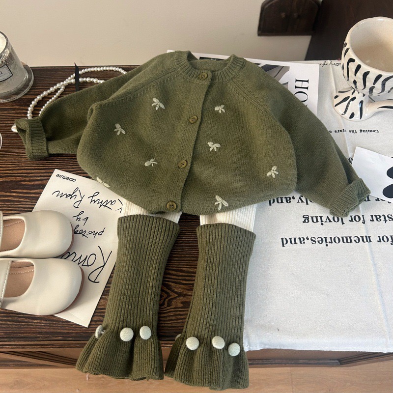 女童宝宝针织外套秋季韩系儿童毛衣针织开衫上衣堆堆袜打底套装