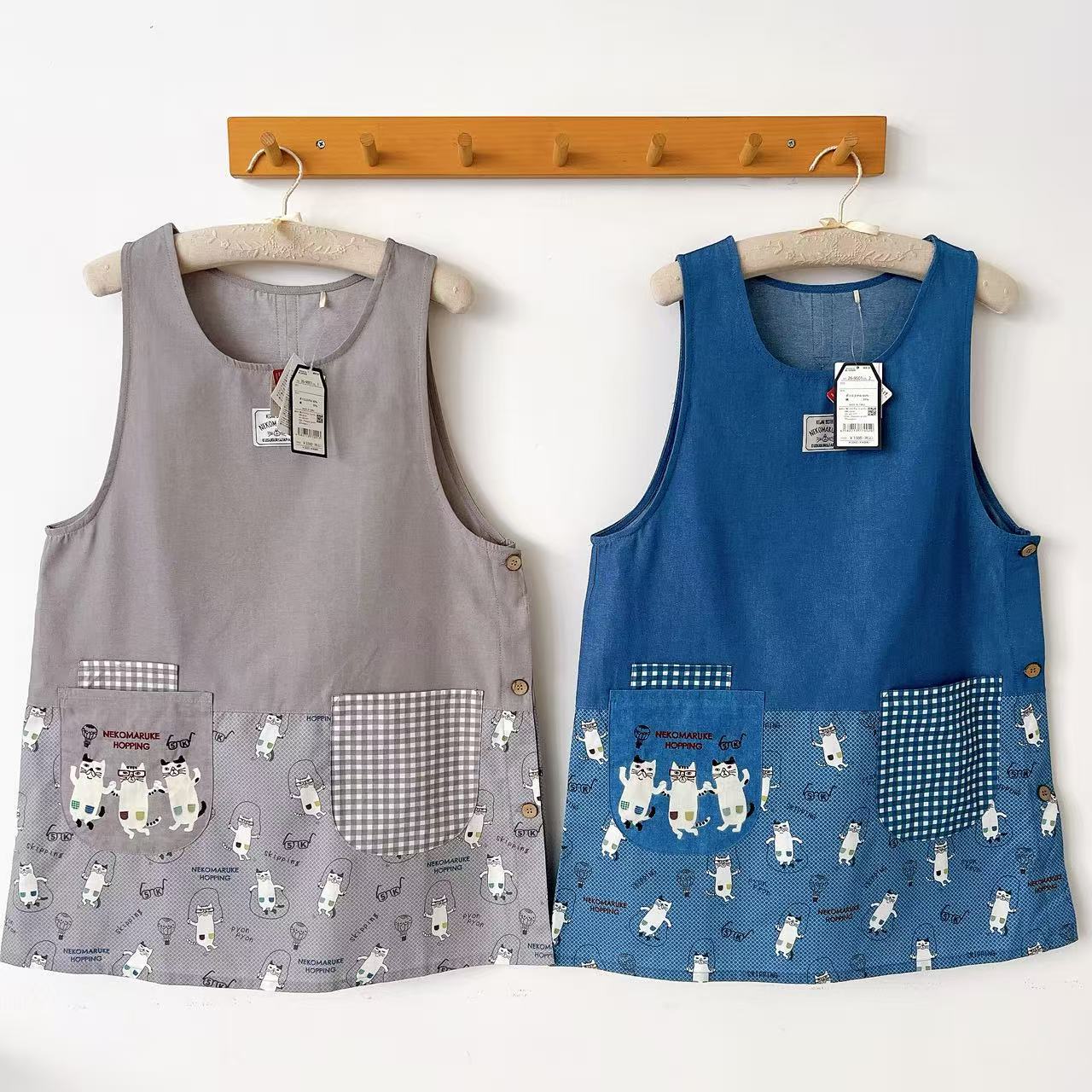 Kusuguru刺绣猫咪帆布防油围裙