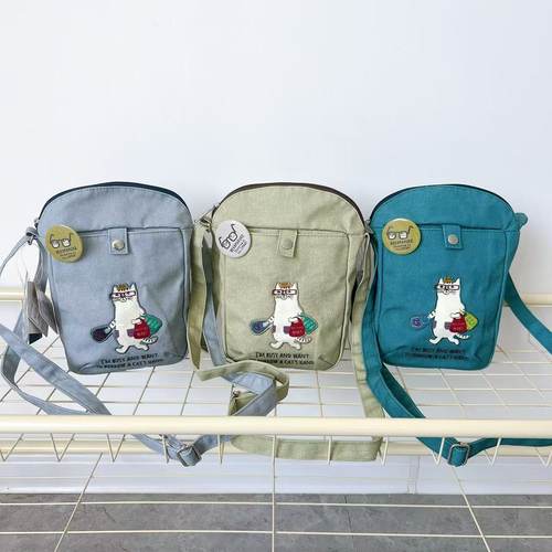 日本Kusuguru正品刺绣猫咪斜挎包单肩包手机包逛街购物帆布包8508
