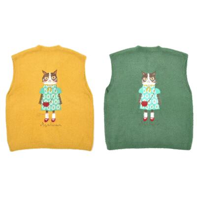 Kusuguru提花猫咪长毛绒马甲