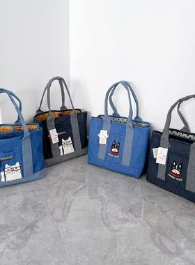 日本Kusuguru刺绣猫咪法斗手提手拎托特牛仔隔层通勤包大号10019L