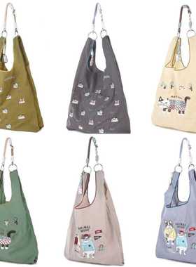日本kusuguru重工刺绣猫咪购物袋单肩包手提包通勤包卡通尼龙7600
