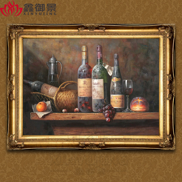高档欧式装饰画餐厅有框画静物水果油画葡萄酒瓶纯手工绘制SG09图片