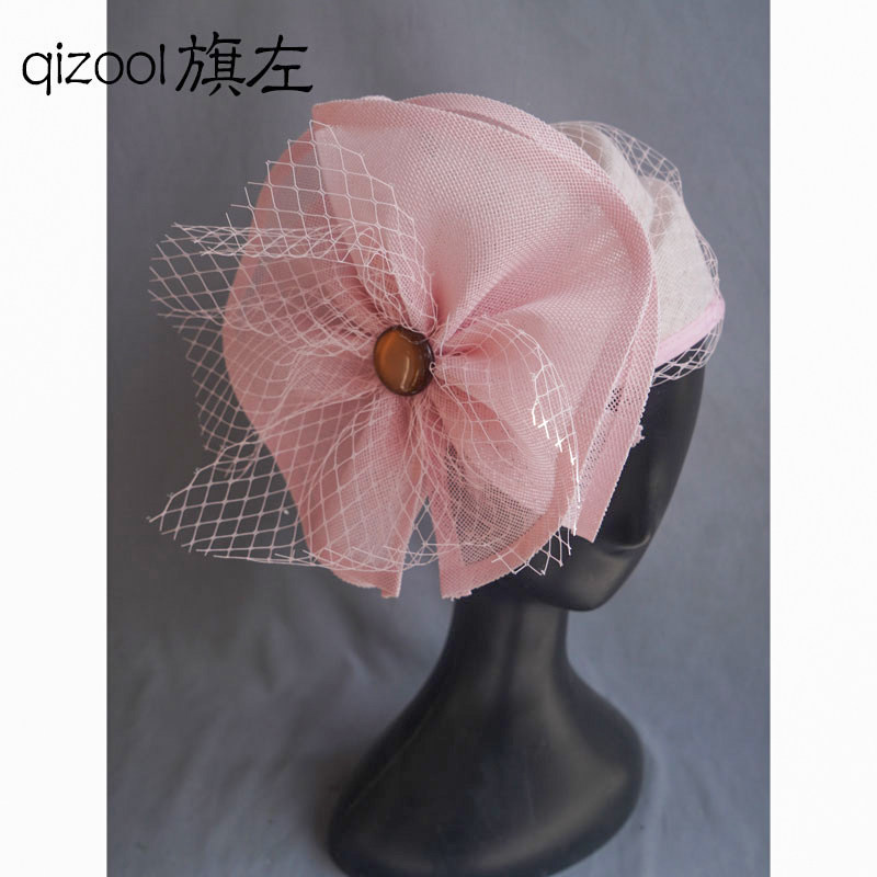 旗左 亚麻帽子浅粉复古优雅礼服贝雷帽立体布艺网纱大花朵头饰
