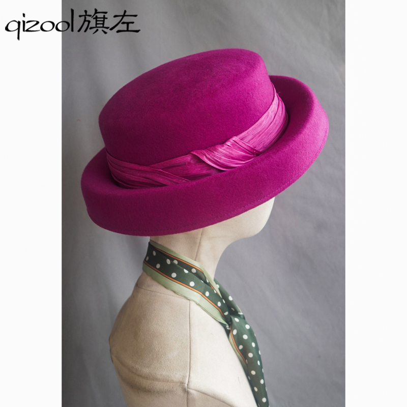 旗左 秋冬复古优雅法式羊毛呢礼帽中古帽形平顶短帽檐帽子玫红