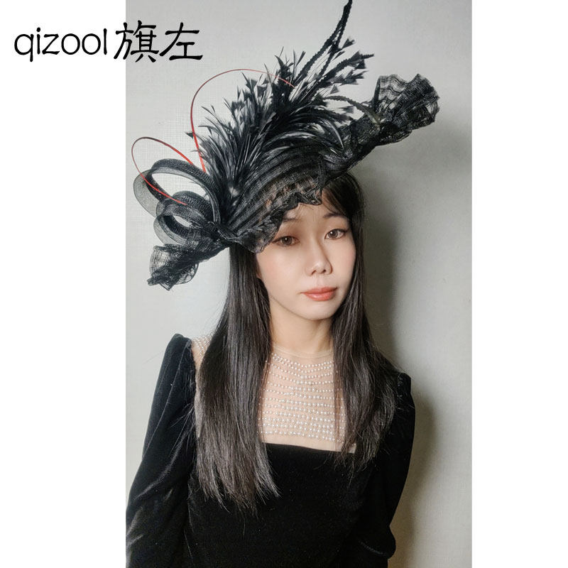 旗左 优雅大帽檐羽毛英国宴会头饰镂空格纹菲律宾麻纱名媛礼帽黑