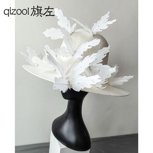旗左 法式复古新娘摄影妆造礼帽手工破碎感羽毛蝴蝶帽子白色高帽