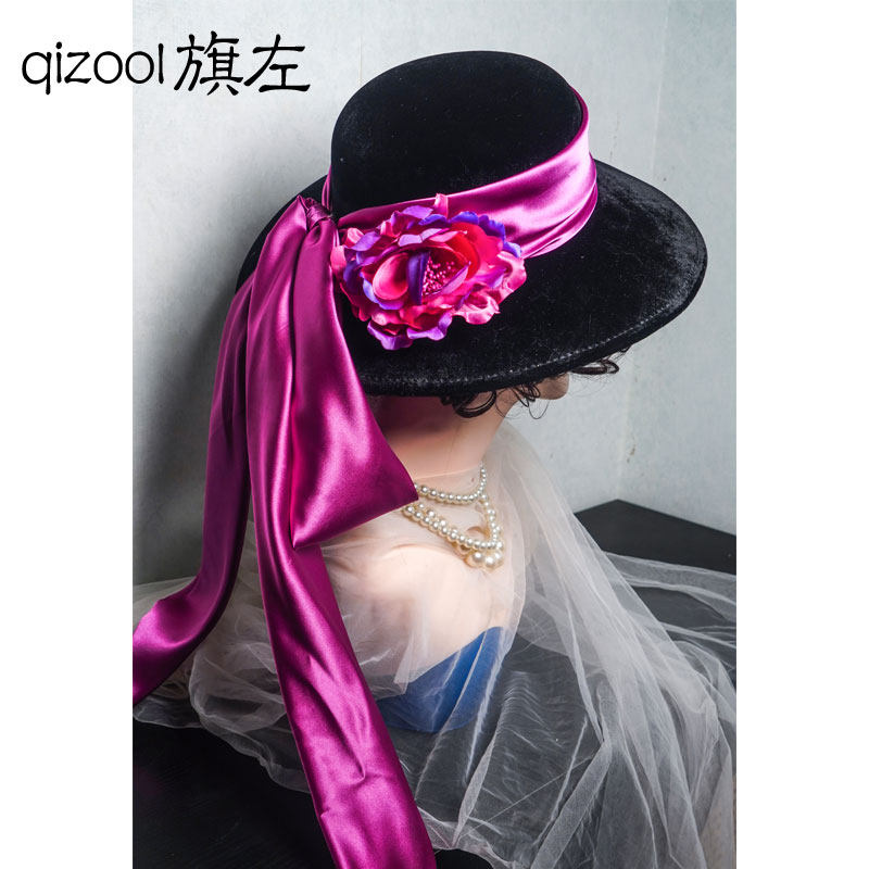 旗左 复古优雅法式新娘影楼摄影造型黑色丝绒玫红色大飘带帽子