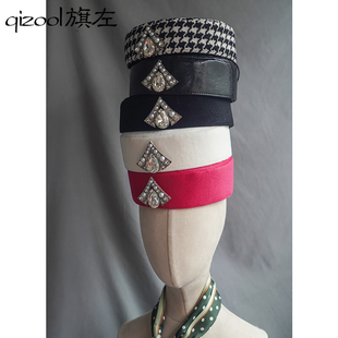 旗左 复古平顶圆帽高级感防水貂毛毛药盒帽优雅钻饰凹造型帽子