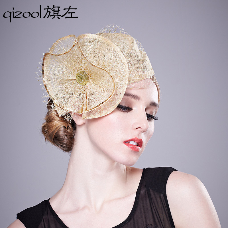 旗左  英国菲律宾麻纱小礼帽甜美盖茨比舞会网纱头饰帽子香槟金