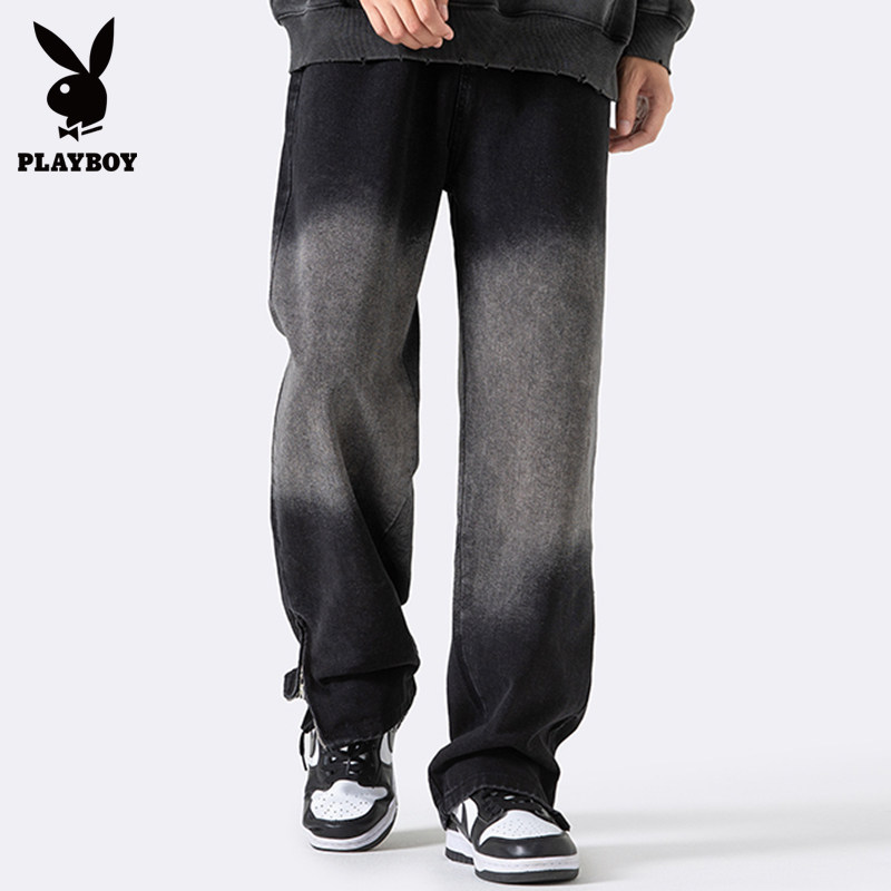 花花公子黑色渐变高级感男士牛仔裤2026春季新款宽松直筒阔腿裤