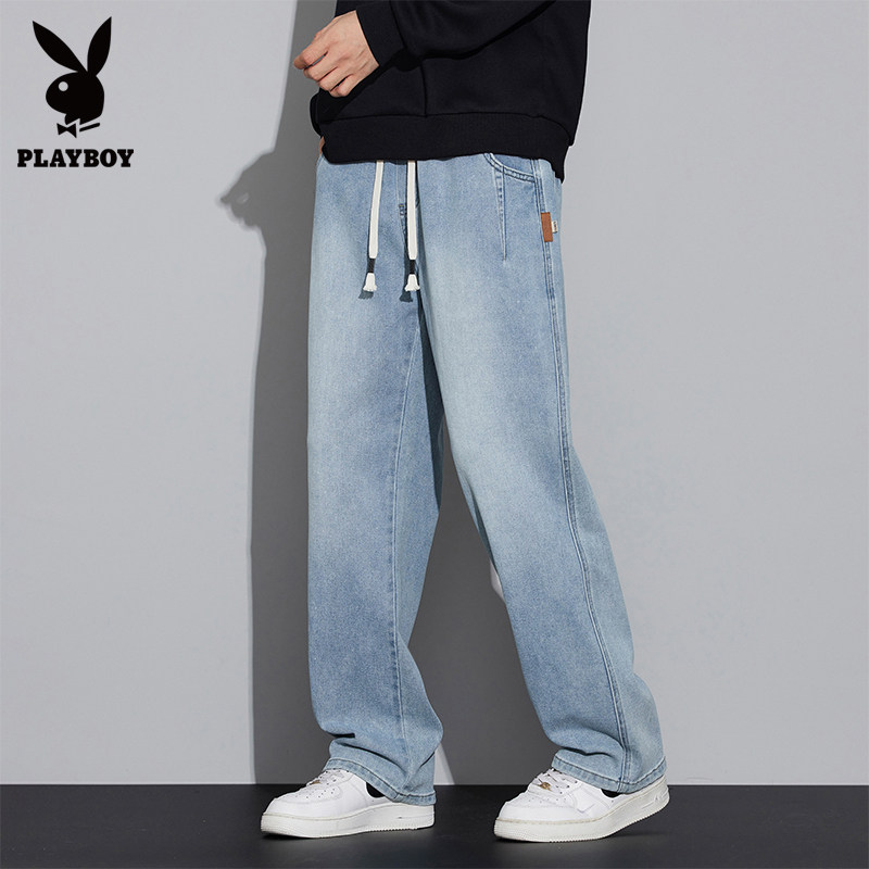 花花公子浅蓝色潮流抽绳牛仔裤男生2025春秋新款显瘦直筒阔腿长裤