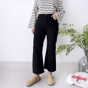 女春季 黑色微喇牛仔裤 直筒裤 九分女裤 子 大码 胖mm松紧高腰裤 女装