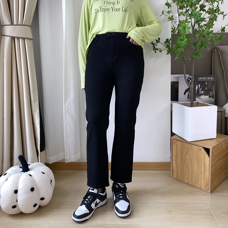 大码黑色直筒牛仔裤女秋季新款高腰弹力女裤显瘦烟管裤胖mm裤子秋