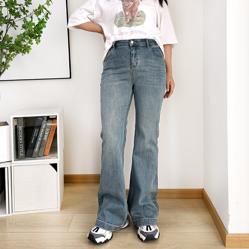大码女装高个子微喇牛仔裤女春季喇叭裤宽松显瘦蓝色裤子胖mm女裤