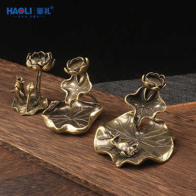 速发实心荷铜荷叶流倒香摆件中式黄花双层意境迷你青蛙倒流香香架