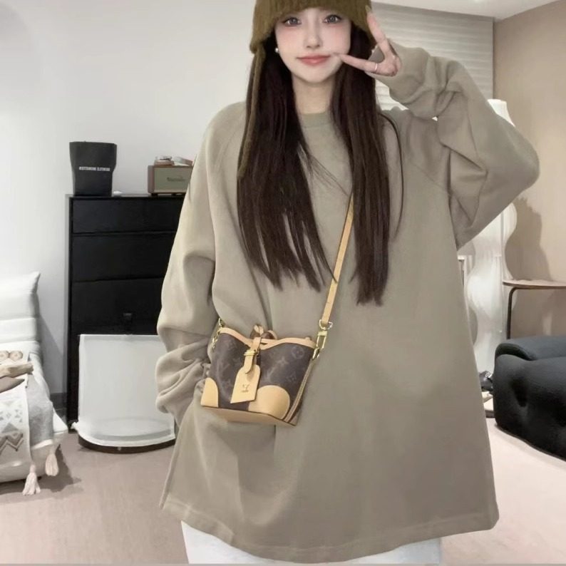 元熙6275秋冬新款加绒加厚圆领宽松大版开叉卫衣中长款T恤打底衫