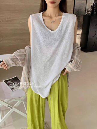 十三行女装元熙A6089大码背心女中长款夏薄款U领显瘦宽松无袖T恤